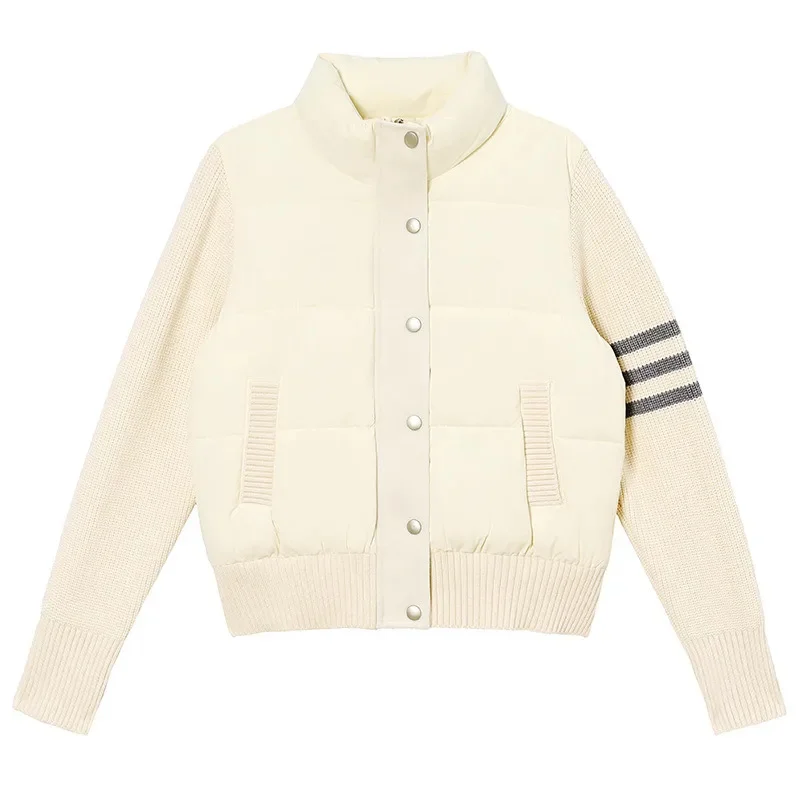 

Striped Cotton Jacket Outerwear Girl Autumn Winter Japan Korea Stand Collar Splicing Knitted Casual Jacket Cotton Jacket Top New