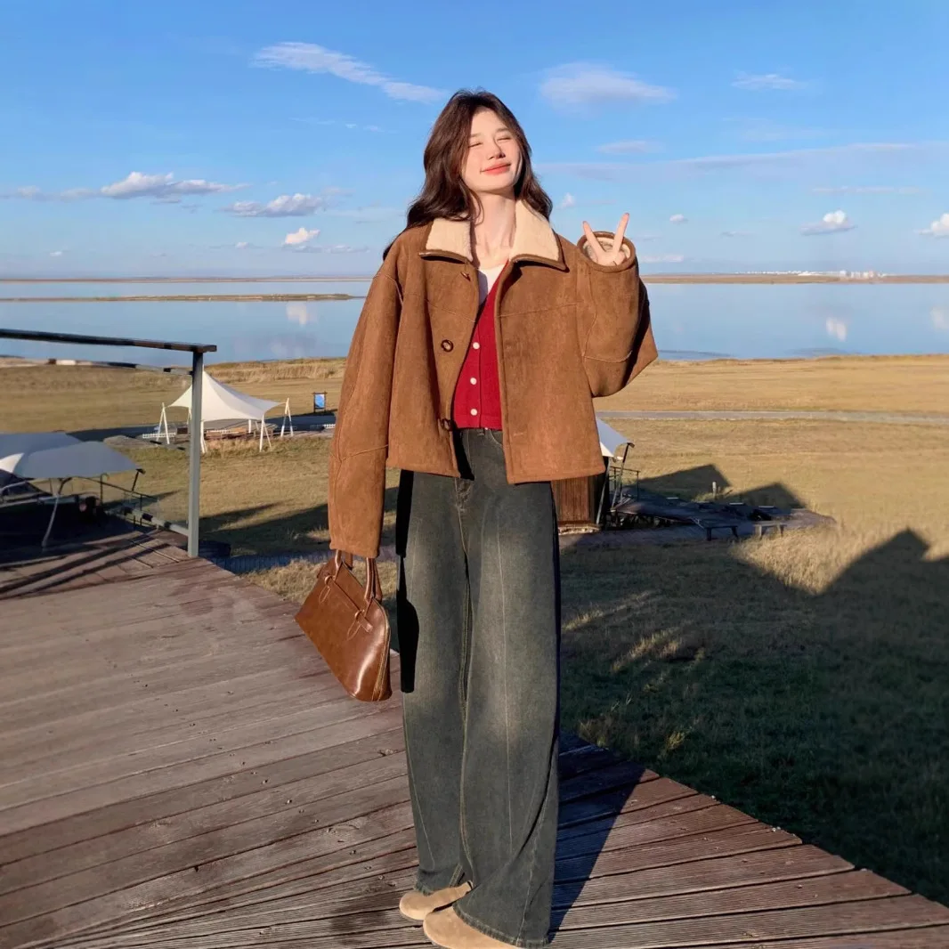 2025 Autumn Winter New Small Size Double-Sided Wear Faux Suede Women's Jacket Fall Versatile Faux Lamb Fur Coat Short Coat