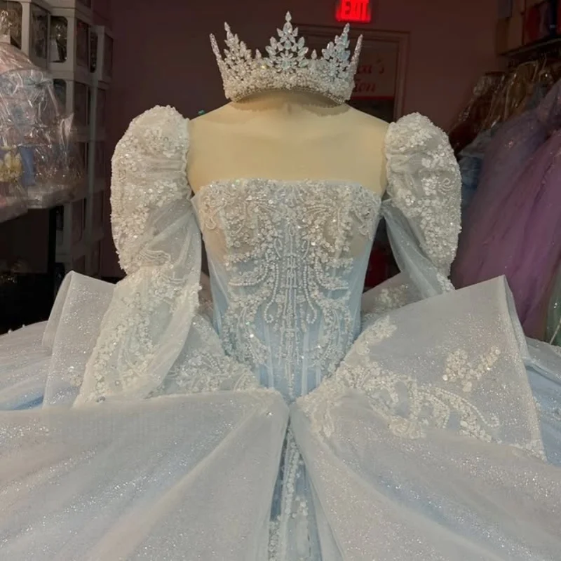 

Shiny Aqua Blue Quinceanera Dress long sleeves crystal glitter Decal Long tail Big Bow Vestidos De 15 Quinceanera ﻿Customize