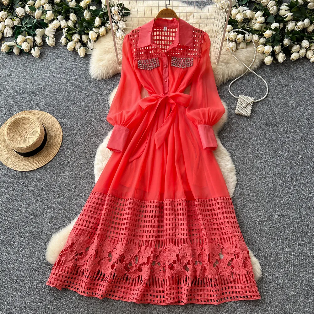 

Chic hollow out Puff Long Sleeve dress A-line Vintage bandage Dresses Elegant High Waist turn-down collar women Vestidos