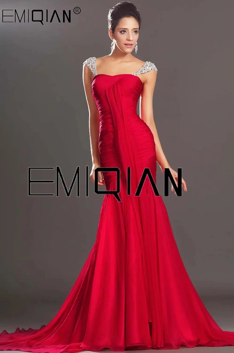 PROMOTION!! Charming Mermaid Cap Sleeve Red Chiffon Evening Dresses