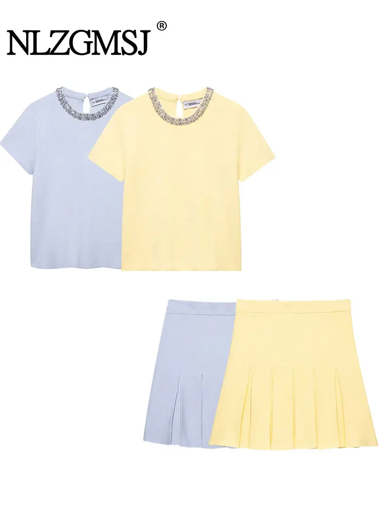 Setelan Wanita Solid Chic Kasual Musim Panas 2025 Atasan Lengan Pendek Leher-o Perhiasan Rok Ramping Mini Setelan Rajutan Fashion Baru