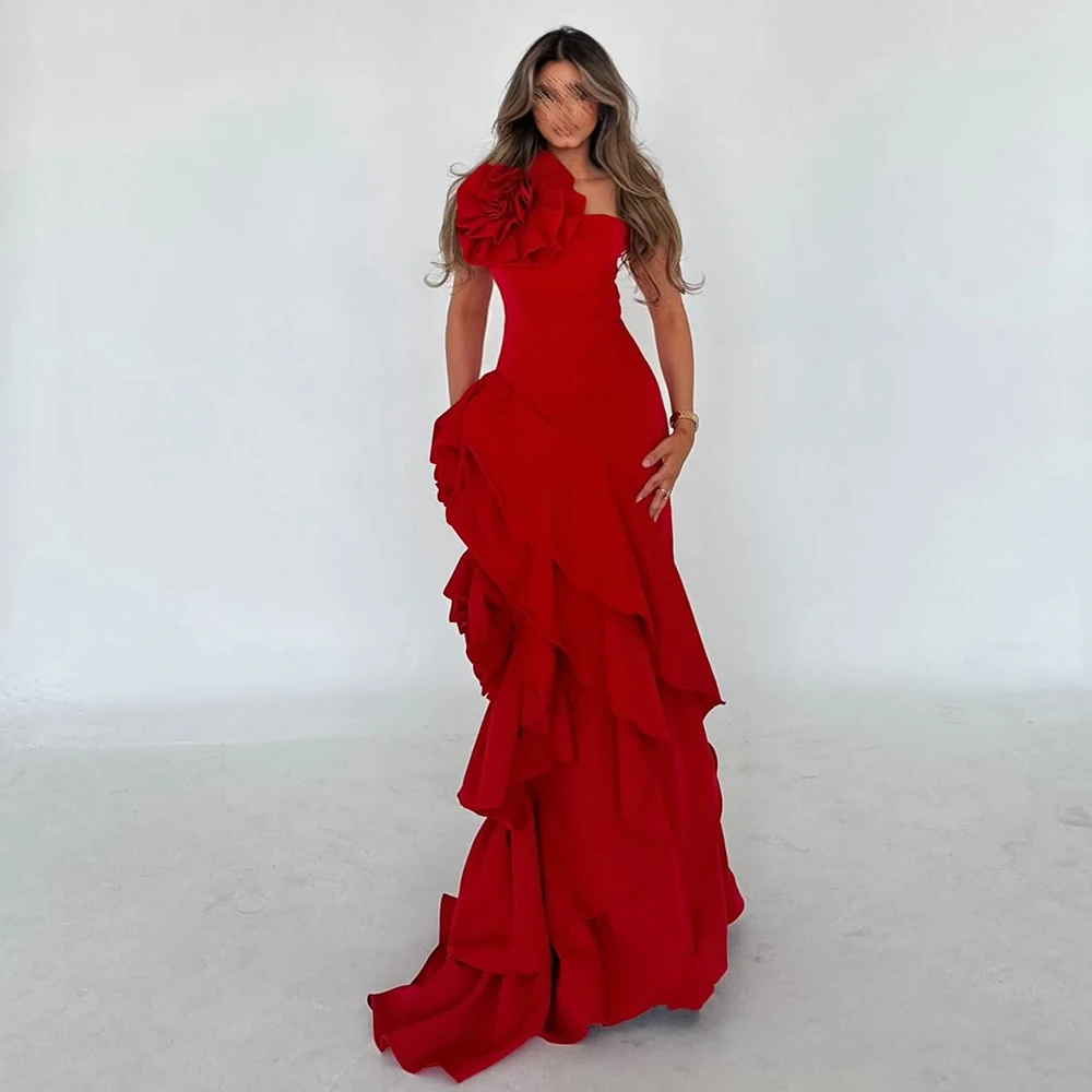 

Floor Length Pleats Sequined Strapless Jersey Sleeveless Evening Dress Pleats Sweep Train Red 3D Flowers Special Occasion Gowns