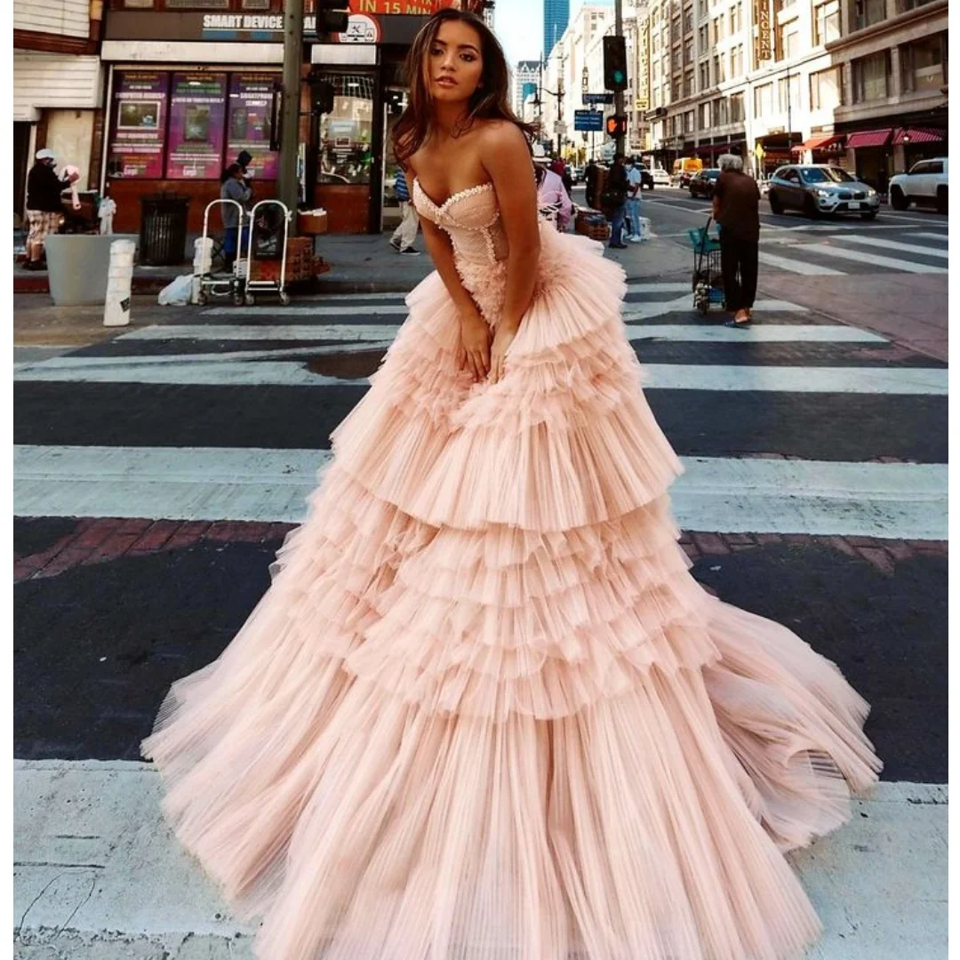 

Light Pink Tulle Prom Dresses Women Tiered Pleat Party Gowns Customized Sweetheart Evening Dress Formal Vestido de novia