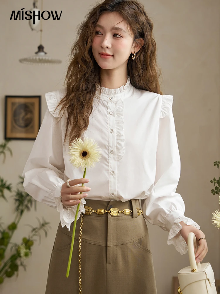 MISHOW Long Sleeve White Shirt for Women 2024 Spring French Stand Collar Spliced Lace Tops Women\'s Button Down Blouse MXD12C0148