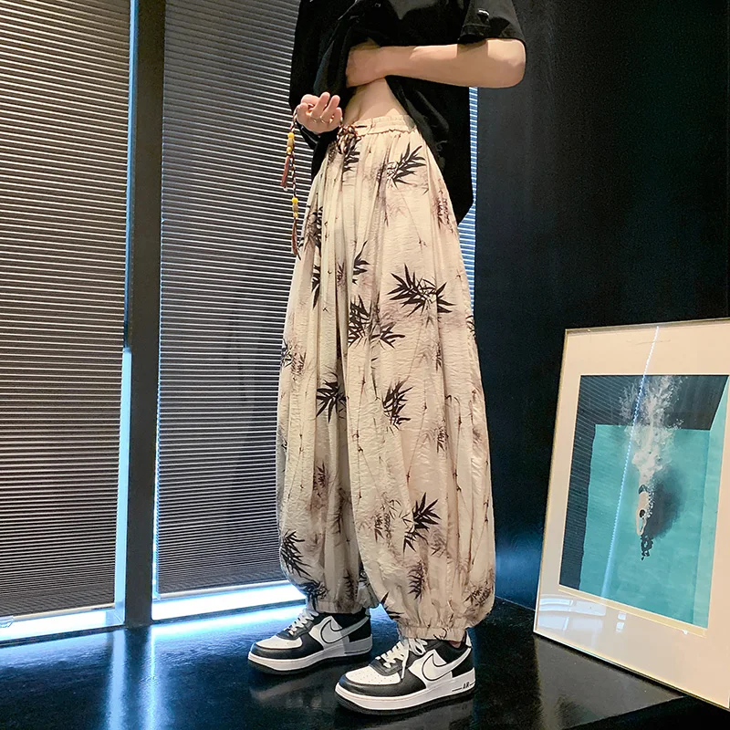 

New Chinese Sle Bamboo Print Men's Summer Casual Nine-Piece Pants Loose Fit Harlan Lantern Pants Breathable Comfortable