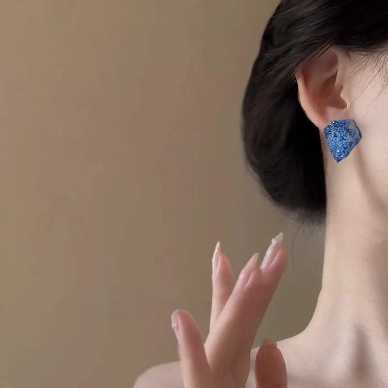 Irregular Blue Resin Stud Earrings for Women Meteorite Gemstone Shape Ear Studs Earrings Unique Design Party Ear Jewelry