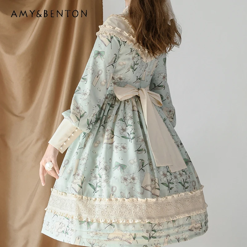 

Pastoral Style Elegant Retro Lolita Dress for Women Sweet Temperament Floral Print Round Neck Long Sleeve Slim OP Tutu Dresses