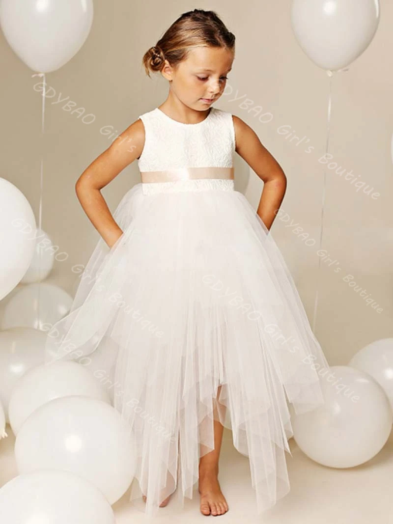 결혼식 유아를위한 맞춤형 꽃의 소녀 드레스 레이스 탑 불규칙 스커트 친교 미인 대회 드레스 핑크 리본 파티 볼 가운