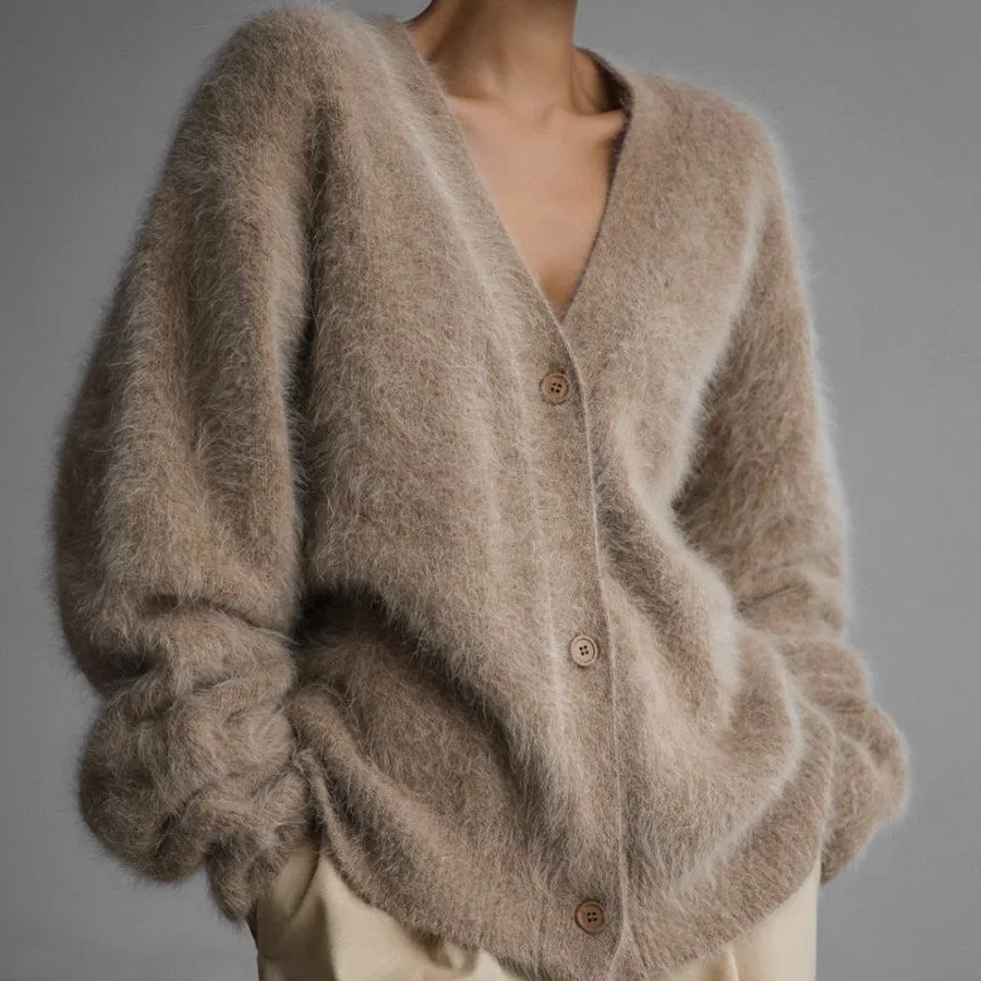 Coat Women Solid Cardigan V Neck Sweaters Coats Full Sleeve Elegant Open Stitch Loose Work Fluffy Y2k Streetwear Autumn Winter