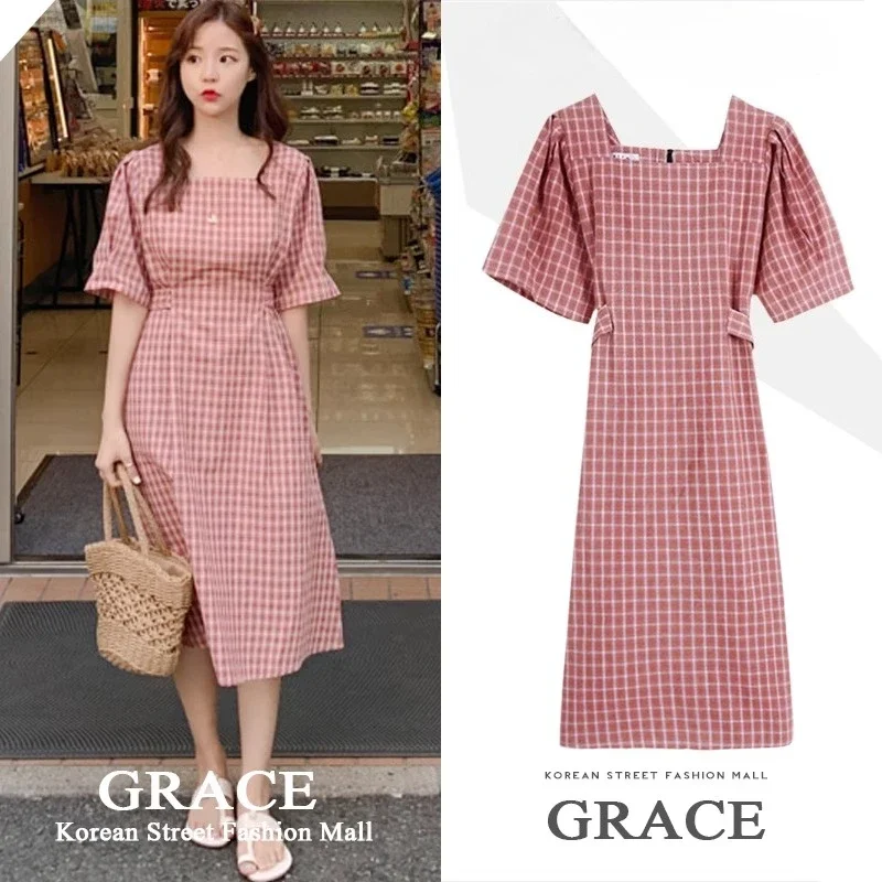Vintage Cute Dresses Woman Summer Short Sleeve Bow Tie Lace-Up Slim Waist Korean Style Japan Design Cotton Plaid Dress Pink 5826