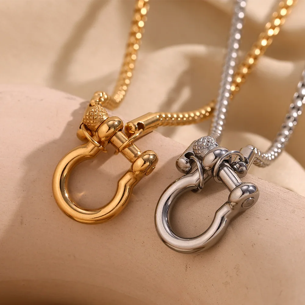 Vintage Chunky Quadratische Metallkette mit Schnalle und Hufeisen-Anhänger, 316L Edelstahl, unregelmäßig zweifarbig, wasserdicht, Choker-Schmuck