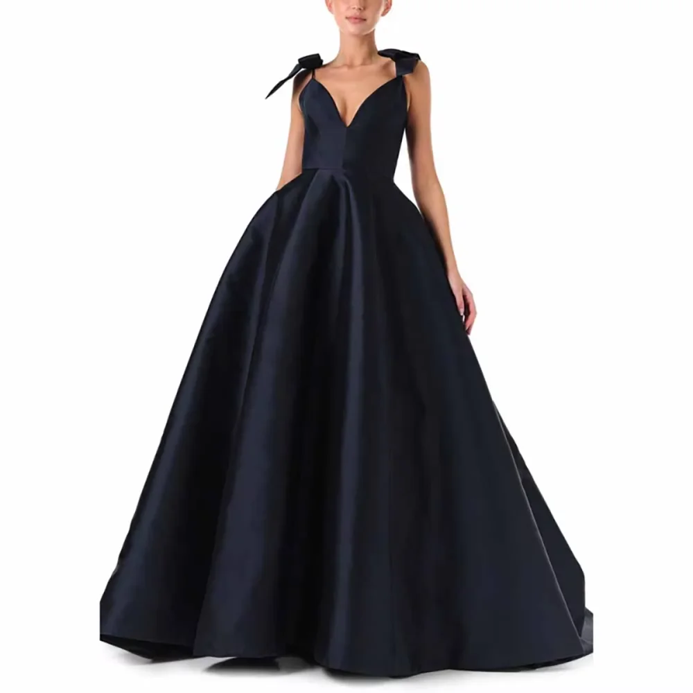 

Navy Elegant Evening Dress Customized Spaghetti Strap V-Neck A Line Satin Simple Evening Gowns Long Formal Party Dresses