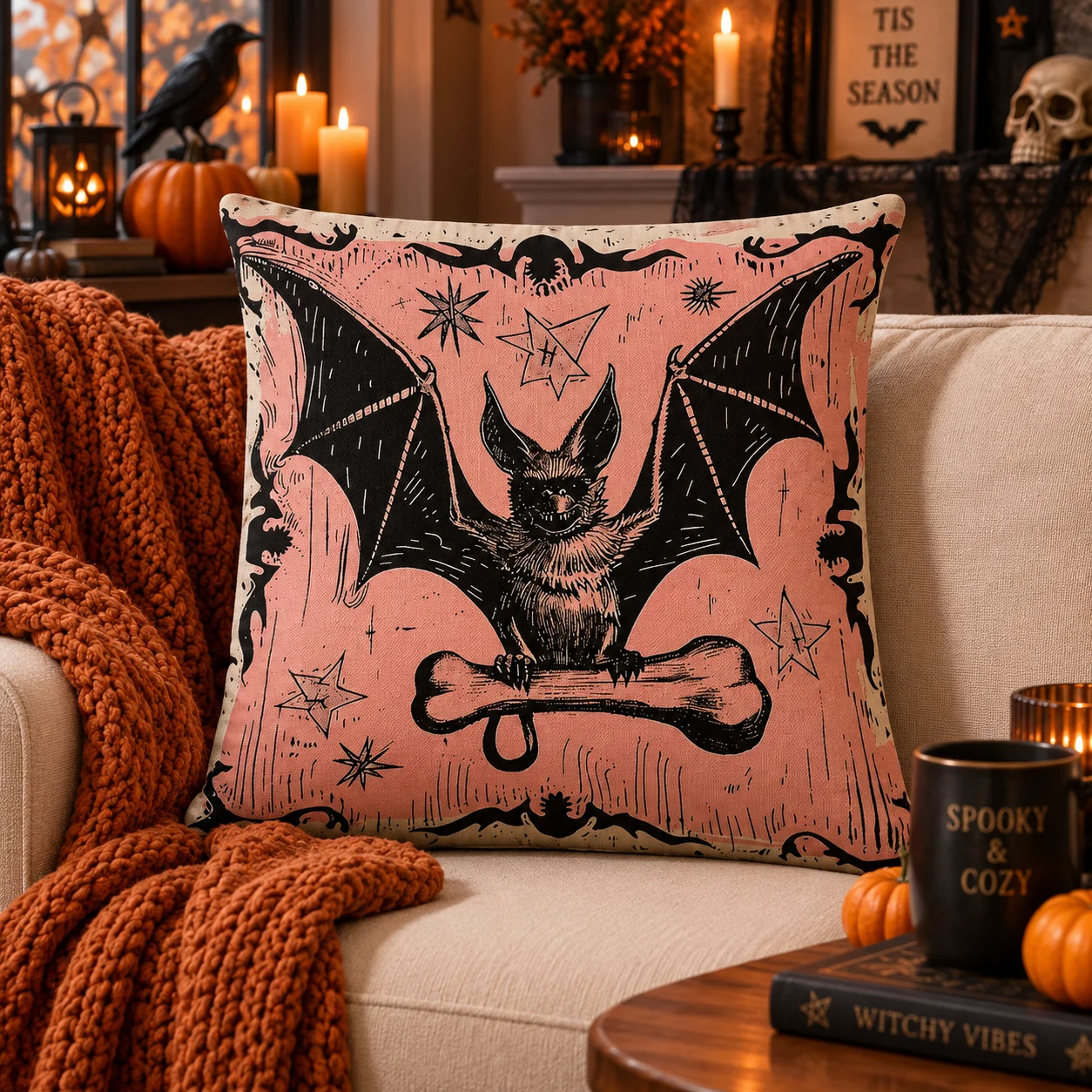 1pc Spooky Cat, Bat, Raven & Witchy Pot Polyester 2D Design Print Sofa Living Room Autumn Spooky Home Party Decoration