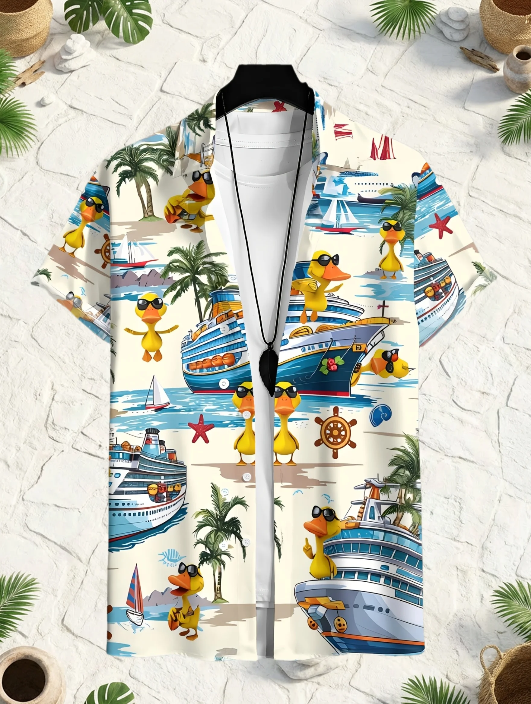 Men's Hawaiian Shirt Funny Duck Print Cruise Ship Palm Tree 3D Short Sleeve Casual Button Down Beach Aloha