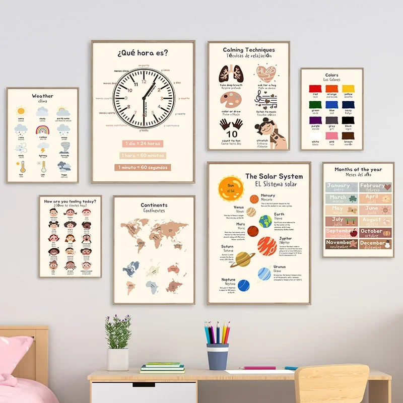 

Educational Wall Art Canvas Prints Spanish English Solar System Weather Color Time Baby Kids Room Home Decor