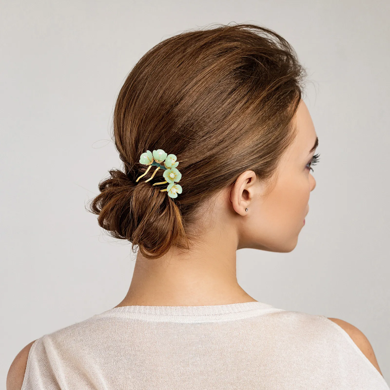 1Pcs Elegant Jade Flower Hairpin Double Gold Plated Alloy Hair Stick for Women Traditional Chinese Hanfu Headdress Party Daily