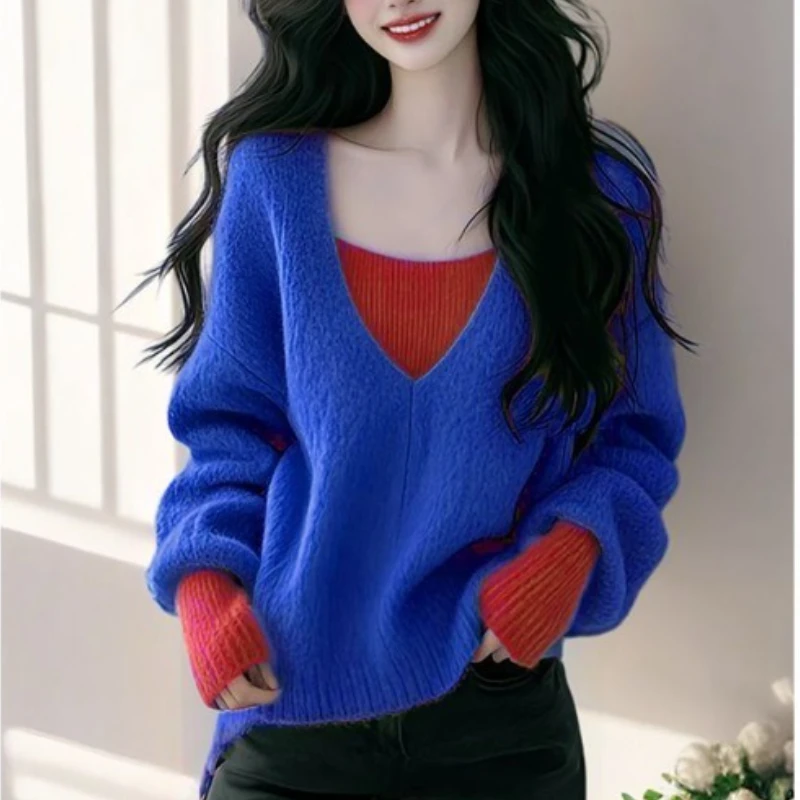 

Осенняя новая женская одежда Ins, модный универсальный пуловер, контрастный цвет, пальто, ленивый зарубежный искусственный вязаный свитер из двух предметов