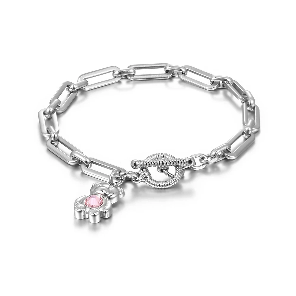 Stainless Steel Zircon Stone Delicate Figaro Chain Pink Litter Bear Circle Bracelet Jewelry Gift For Girl