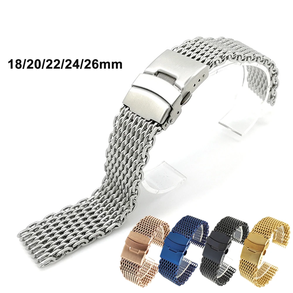 Milanese Loop Strap Stainless Steel Thickened Mesh Watch Band Double Press Folding Buckle Solid Wrist Bracelet 18 20 22mm 24mm