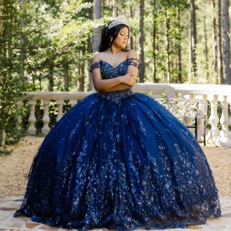 

Glitter Navy Blue Quinceanera Dress V-Neck Off The Shoulder Appliques Lace Beads Cut-Out Beads Sequin For 15 Girls Ball Formal