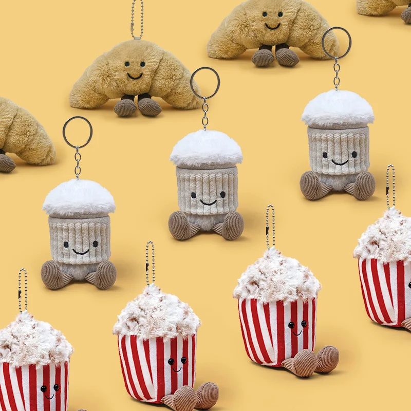 entzückende Dessert-Plüschtiere, süßes Croissan-Boba-Tee, Popcorn, gefüllter Anhänger, Kawaii-Rucksack, Dekor, Geburtstagsgeschenk für Kinder