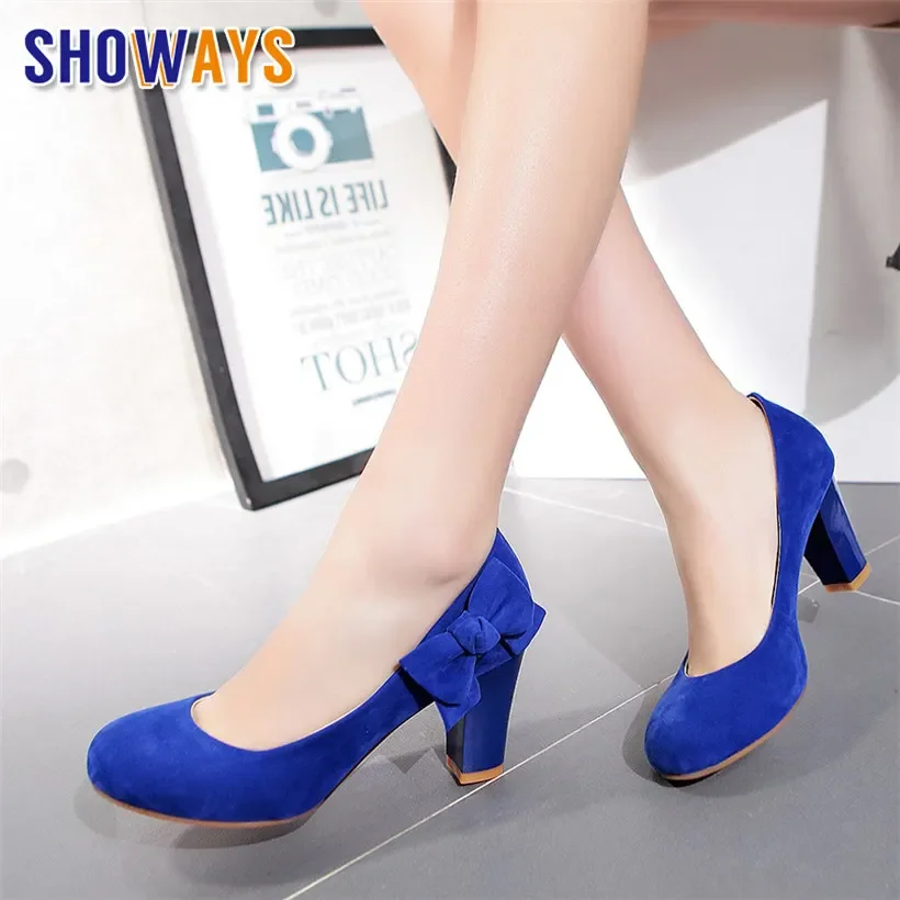 Big Size Sweet Bowtie Women Pumps Black Blue Flock Round Toe 7cm High Chunky Heel Casual Party Office Ladies Slip-on Dress Shoes