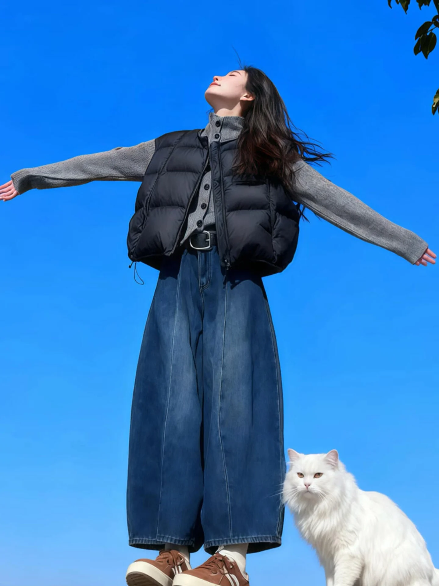 

Chic Korean Sle Winter Faion Set Loose Lazy High Waist Long Pants Warm Long Sve Vest Casual Look Tee Piece Set