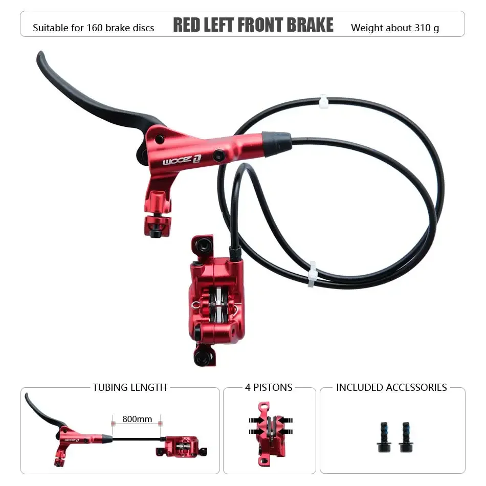 Zoom HB-876 4 Zuiger Opvouwbare Mountainbike Schijf Hydraulische Rem Set Voor 800 Achter 1400 Mm Mtb Fiets Kramp Rode Fietsonderdelen