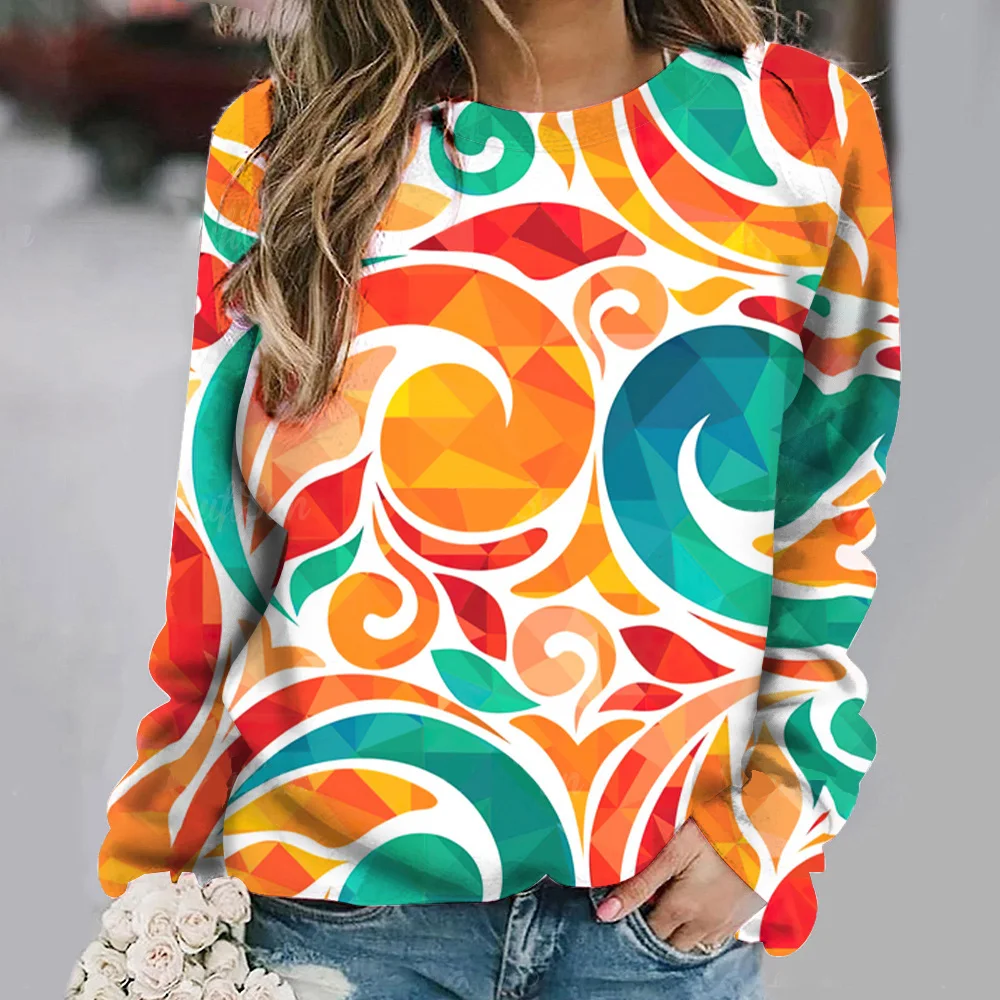 Colorful Long Sleeves Color Blocked Crew Neck Pullover Traf Autumn Winter Loose Tee for Women Ladies Sweatshirt Hoodies Hoodless