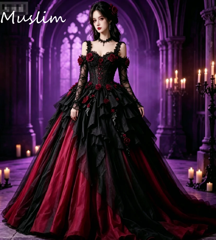 Dunkles Romantisches Gotisches Hochzeitskleid mit 3D-Rosen-Blumenmuster Halloween Vampir-Landhaus-Brautkleid A-Linie Kostüm Whimsigoth Moody