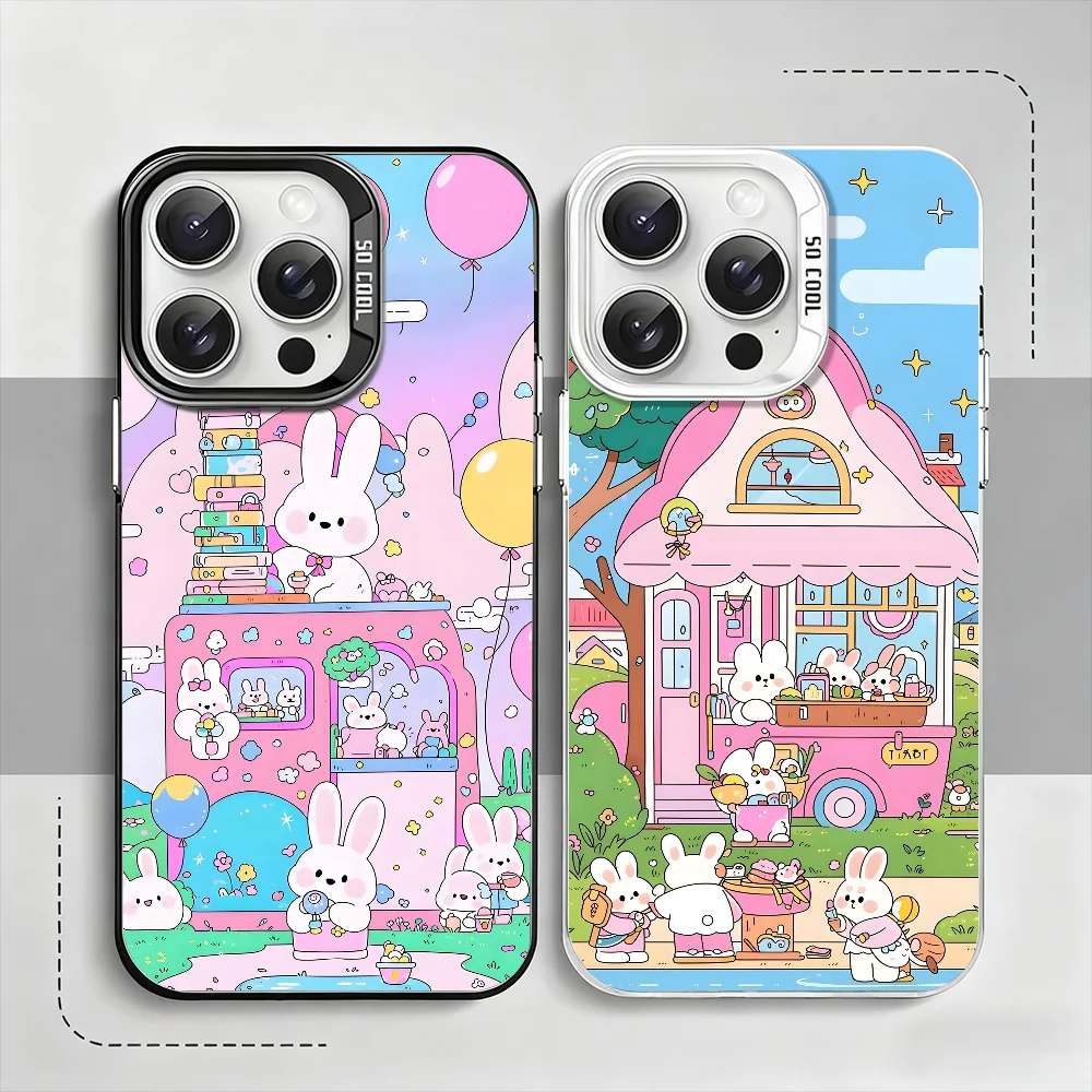 

Cartoon Colored Bunny Pink Phone Case For IPhone 12 11 13 14 15 16 17Max Pro Plus Mini Protective IMD Color Cover