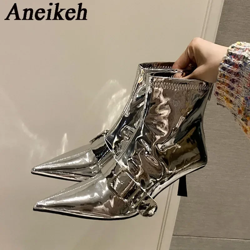 

Aneikeh Autumn Patent Leather Boots Pleated Solid Women Shoes Mid-Calf Pointed Toe Leisure Wedding Women Thin Heels Boots ZIP