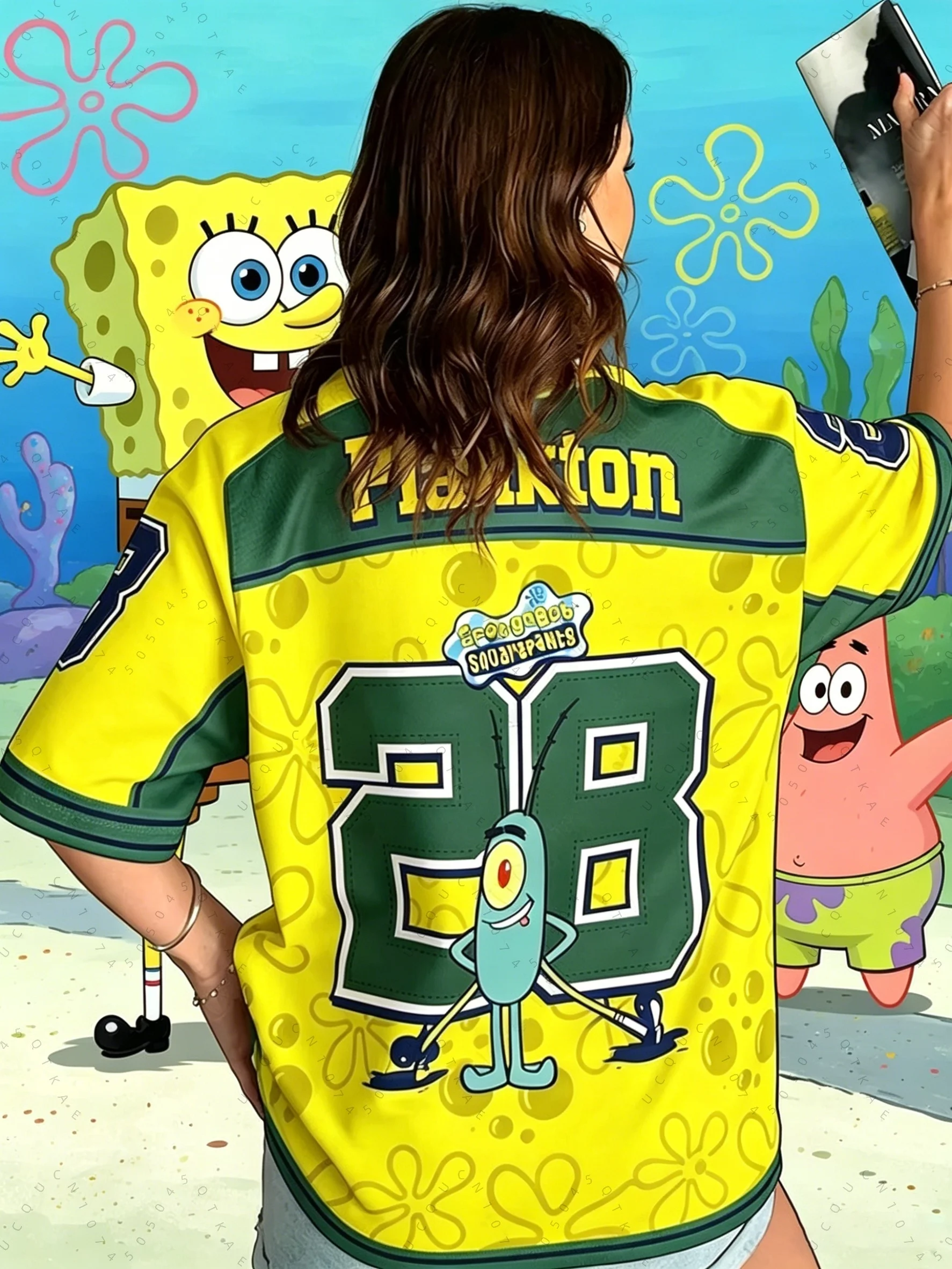 Spongebob Print Loose Oversized T-Shirts für Männer und Frauen, Sommer, V-Ausschnitt, Patchwork, kurzärmelig, Sport-Fußballtrikot, Y2k-Kinderoberteile – Detail 7