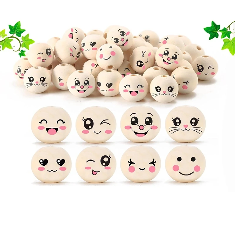 8 Styles Wooden Beads With Face 20 Mm Smile Face Wooden Bead Natural Wood Beads Round With Hole Pack Of 80