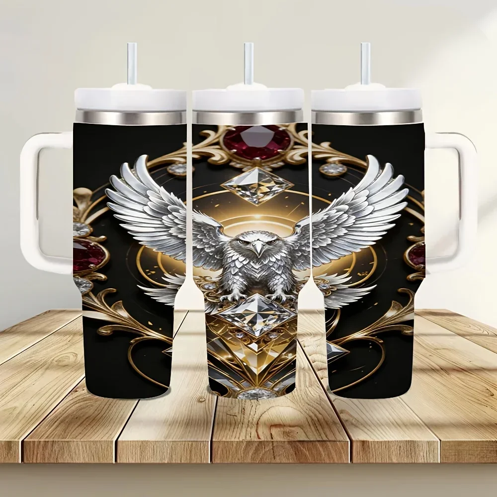 40oz Insulated Tumbler with Handle, Silver Eagle Gem Pattern Large Capacity Tumbler Keeps Drinks Cold or Hot, Suitable for Eagle Lovers for Daily Use Outdoor Travel And Indoor Leisure Scenes