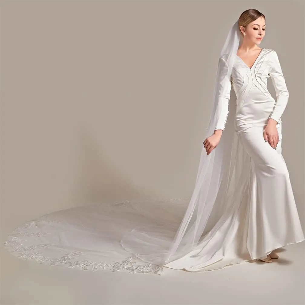 

Свадебная фата с аппликацией по краю, однослойная, с цветами, с расческой, для церемоний в соборе