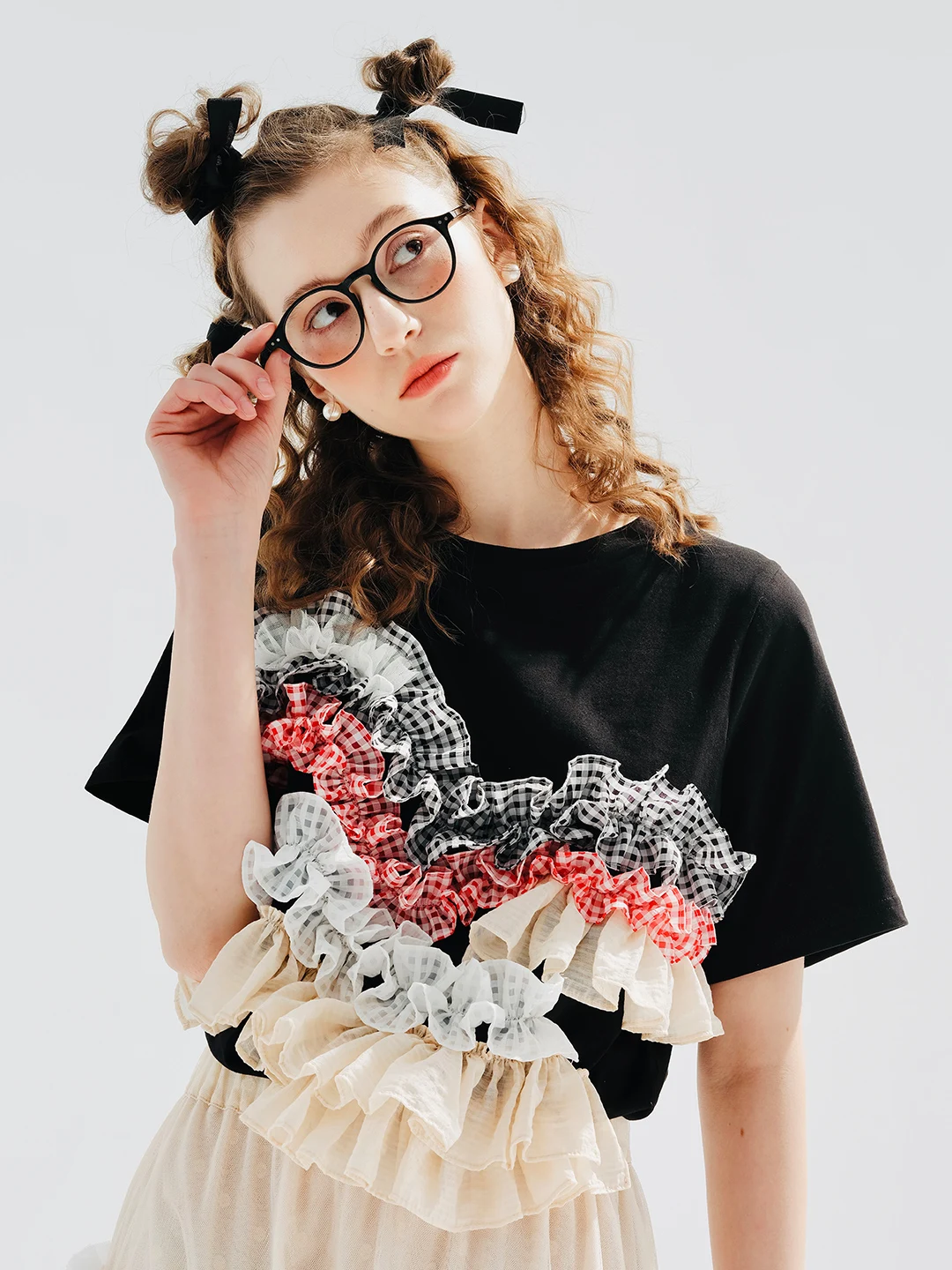 IMAKOKONI Original Design Black Short Sleeve Lace Splice T-shirt Women's Versatile Casual Sweet Top Summer Women's 234083