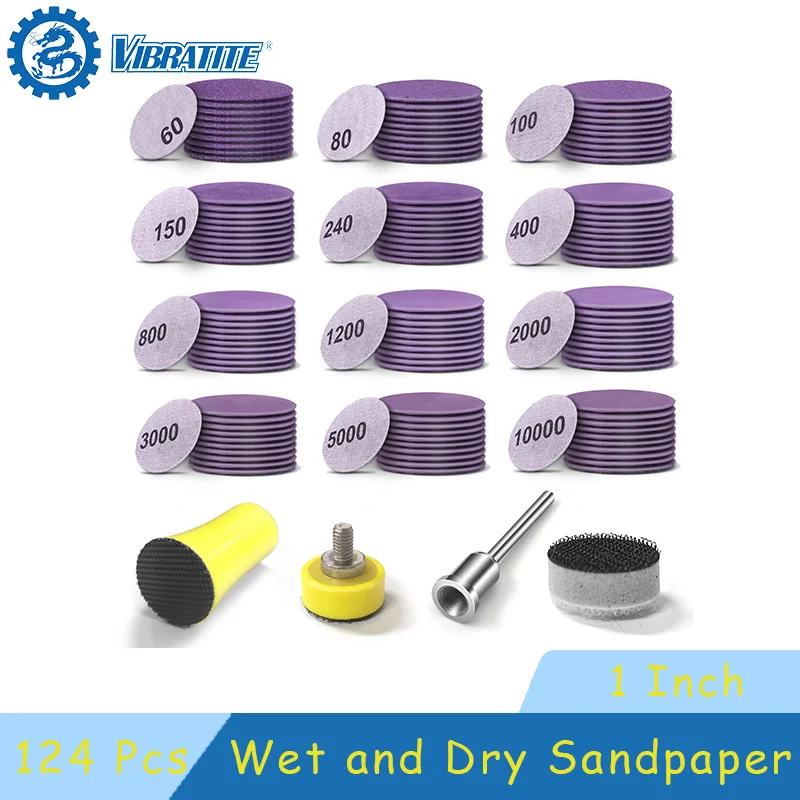 1 Inch Wet and Dry Sandpaper 124 PCS Hook and Loop Assorted 60-10000 Grits Polishing Pad, for Dremel Drill Grinder Rotary Tools