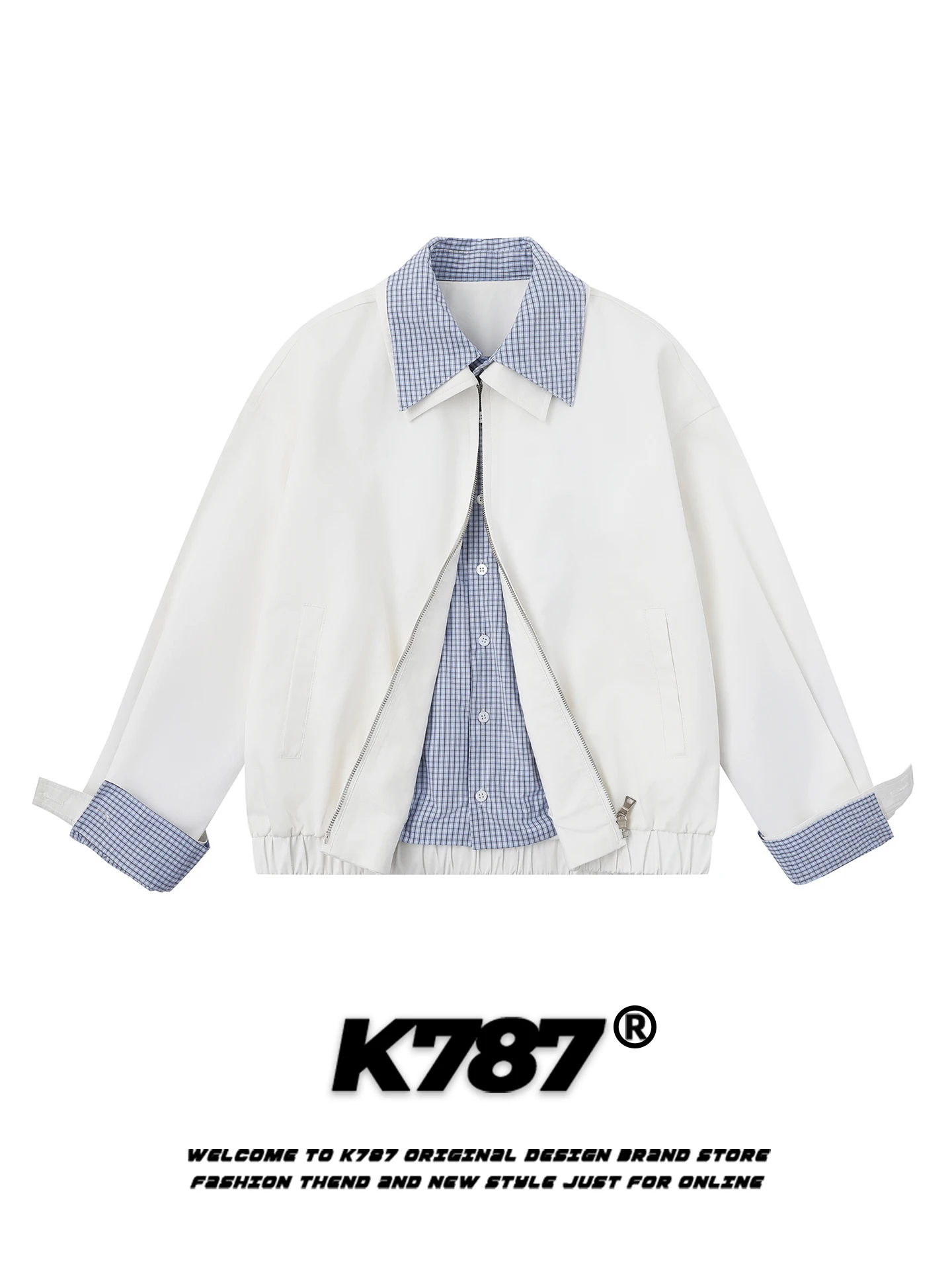 

K787 American Retro Plaid Collar Jaet Loose Casual Spring Sle Couple Outerwear Men Women Youth Cotton Long Sve Zipper