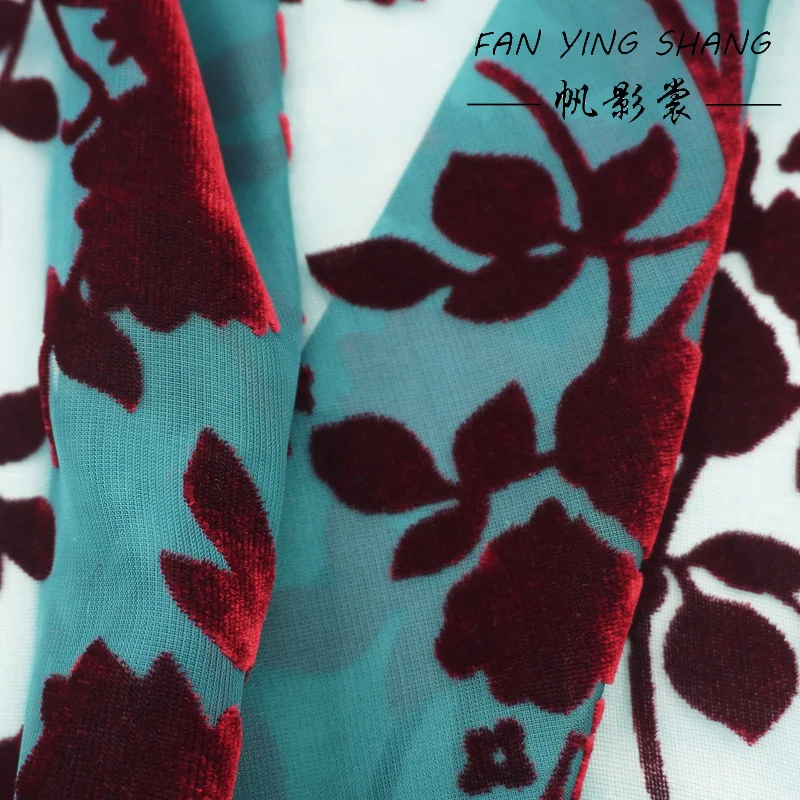 Tthe Green Wine Red Flower Burnt Out Velvet Fabric For Dress Telas Para Costura Tissus Couture ткань