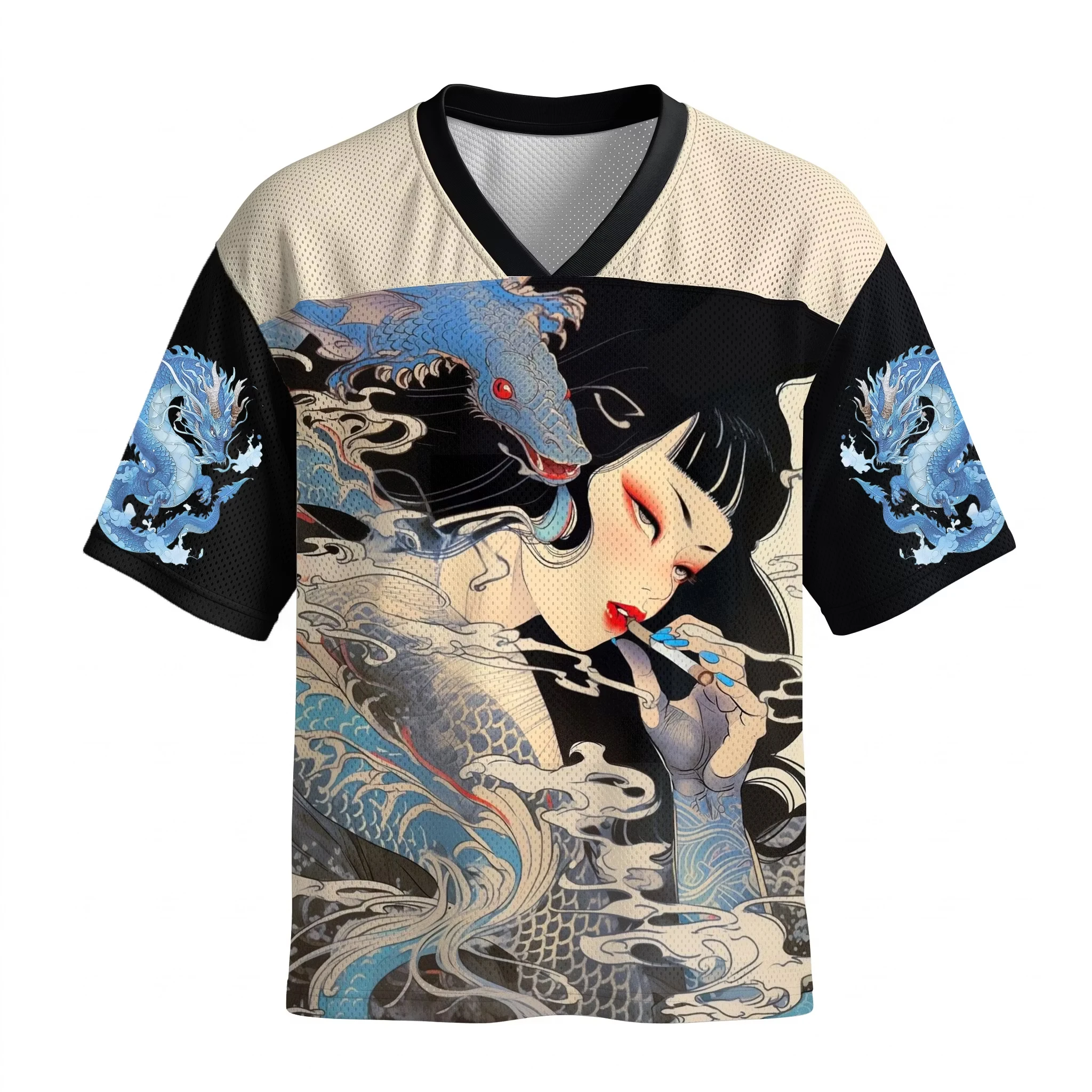 Street Fashion Japan - Retro Japans Geisha Blauw Drakenpatroon Korte