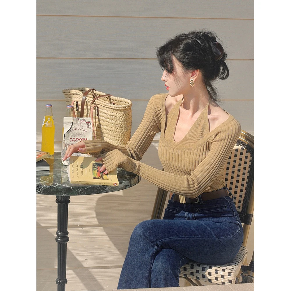 French Style Women Knitted Shirt Solid Slim Halter Sweaters Elegant Lady Spring Autumn Fake Two Pieces Outfit Knitting Tops