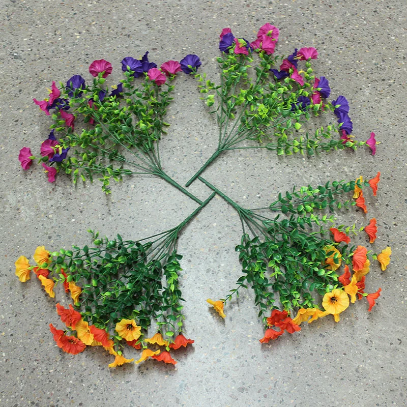 4 Bündel leuchtender künstlicher Eukalyptusblumen | Morgenröte-Blumen (7 Zweige pro Bündel, 3 Blumen pro Zweig, insgesamt 4 Bündel, 84 Blumen) mehrfarbige künstliche Blumendekorationen, leuchtend in 4 Farben, hochwertige Kunststoff-Hängedekorationen, geeignet für Balkon, Terrasse, Blumenkästen, Hochzeiten und Eventdekorationen, langlebige Kunstblumen, ohne Behälter, Kunstblumen für Muttertag und Valentinstag. – Detail 6
