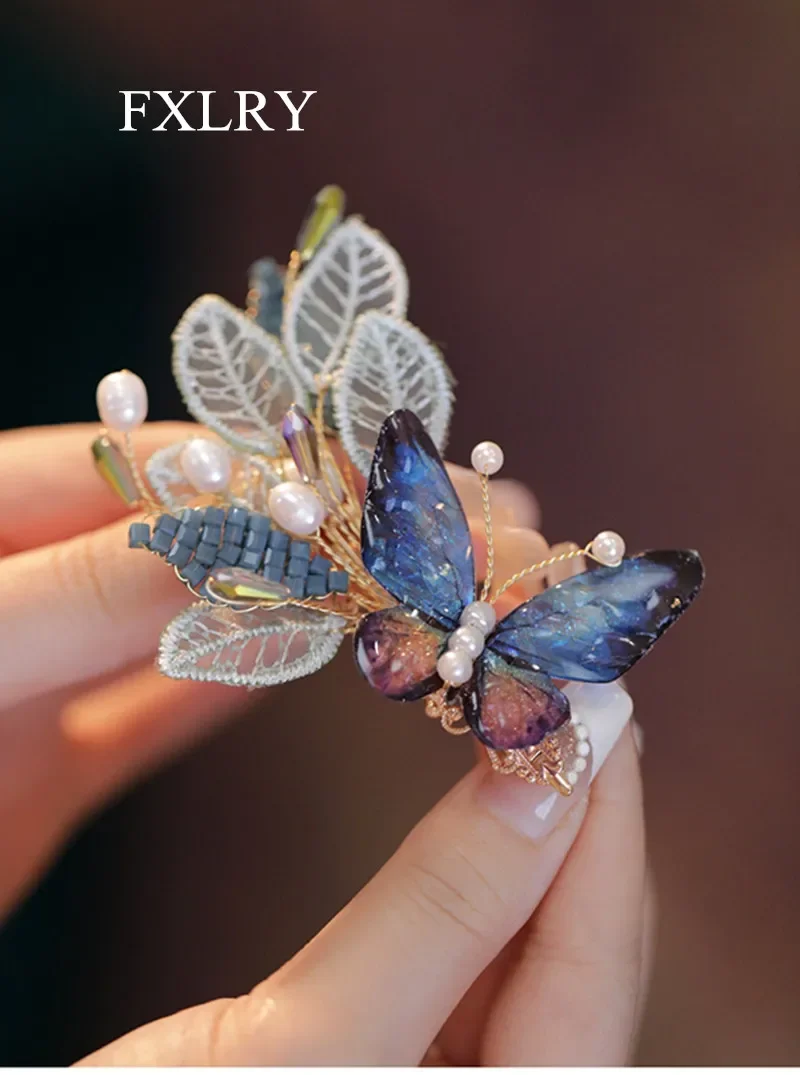 FXLRY Original Handmade Vintage Pearl Butterfly Headdress Hair clip Sen Department Side Clip Hair Accessories