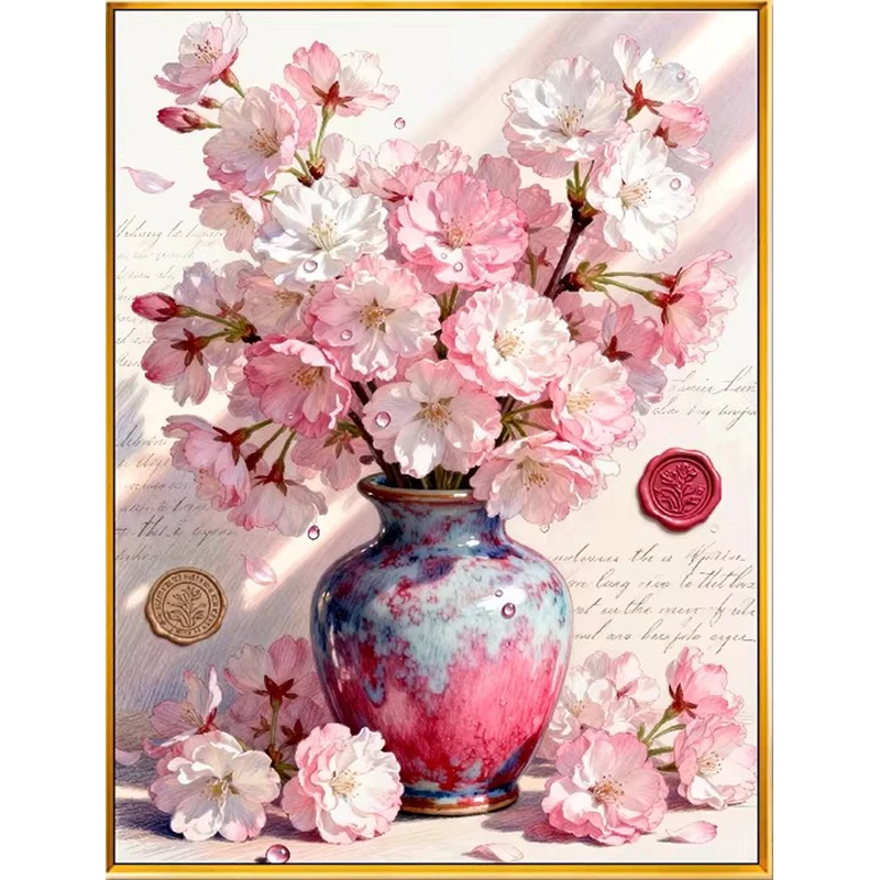 

9CT 14ct Cherry Blossom Vase Printed Kit Cross Stitch Embroidery DIY Needlework Home Decor Crafts With Needles Threads 69 Colors