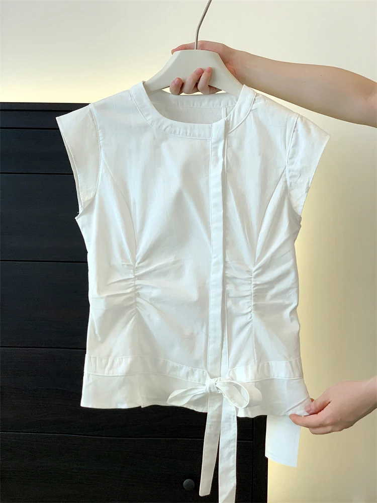 

Ретро-блузка с драпировкой и завязками, белая, женская, дизайнерская, с завышенной талией, для повседневной носки, в корейском стиле, с круглым вырезом