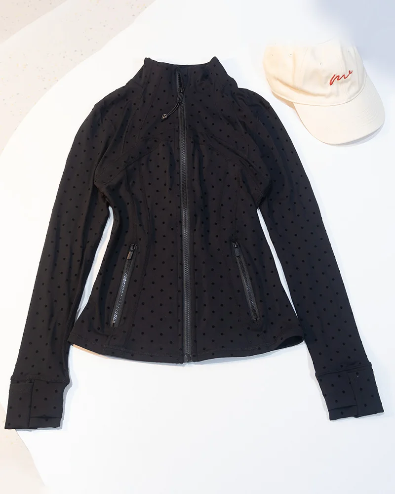 New Sweet Black Polka Dot Stand Collar Jacket Slim Fit Long Sleeve Sports Coat Versatile Fitness Yoga Top