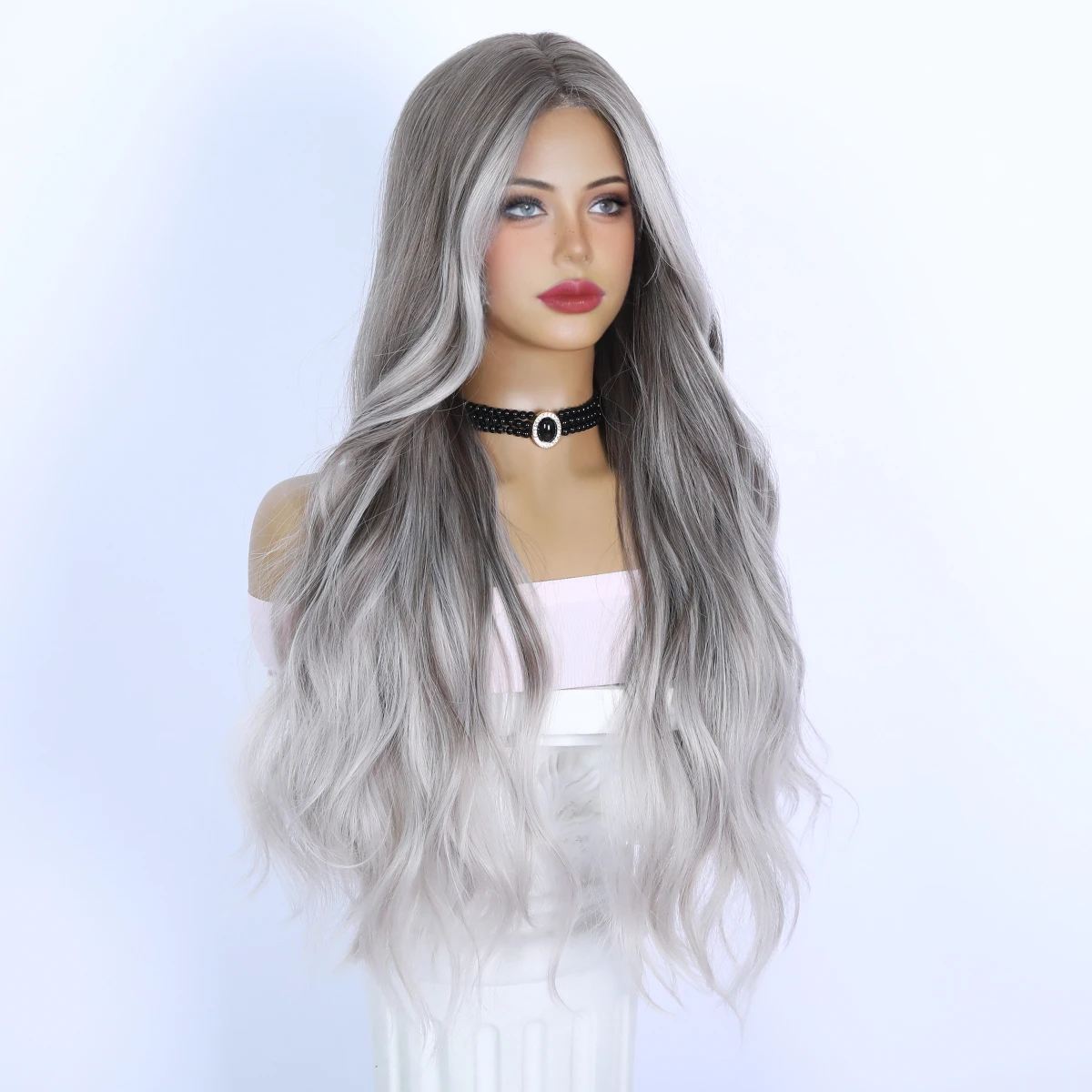 Daily Silver Gray Gradient Long Hair Curly Synthetic Wig Women's Curly Wig Women's Party Heat-Resistant Large Wave Wig