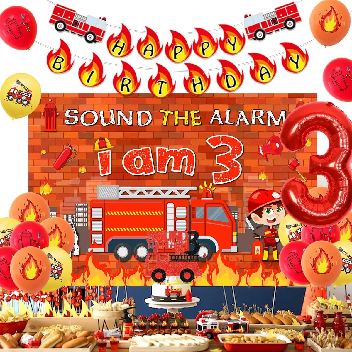 Fire Truck Birthday Party Decorations for Boys, Supplies with Sound The Alarm I Am 3 Firemen Backdrop, Happy Birthday Banner